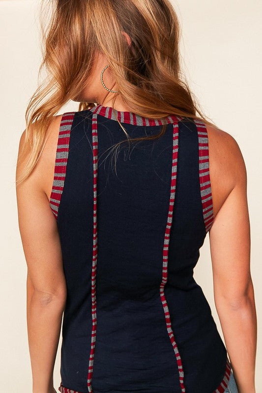 Ribbed Knit Tank Top with Piping Detail