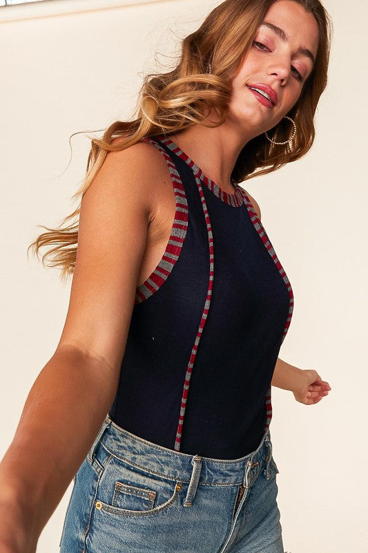 Ribbed Knit Tank Top with Piping Detail