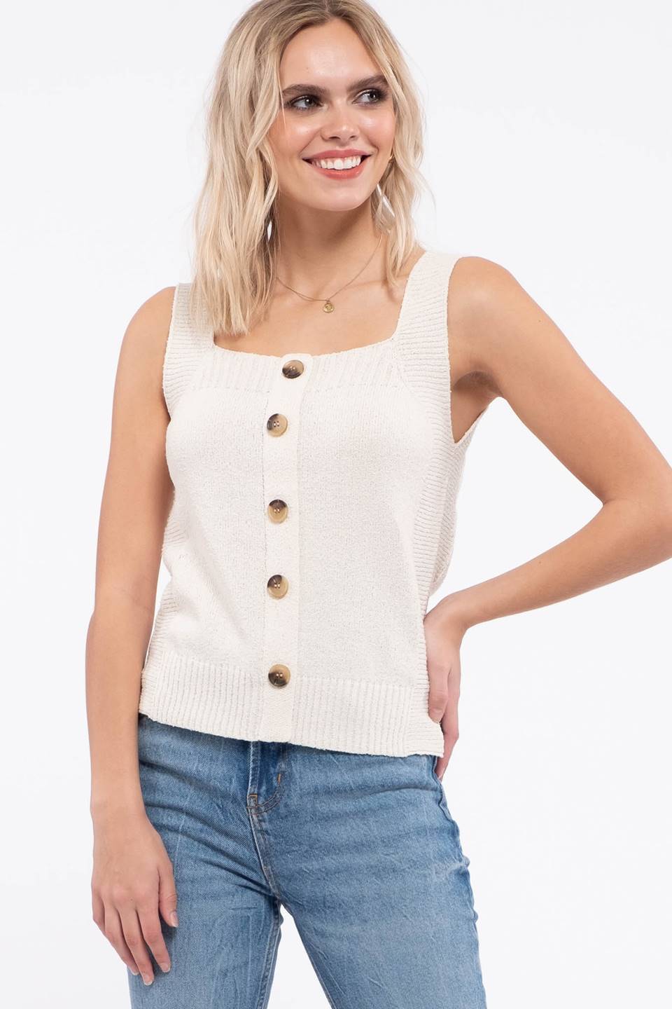 Square Neck Knit Top with Button Detail