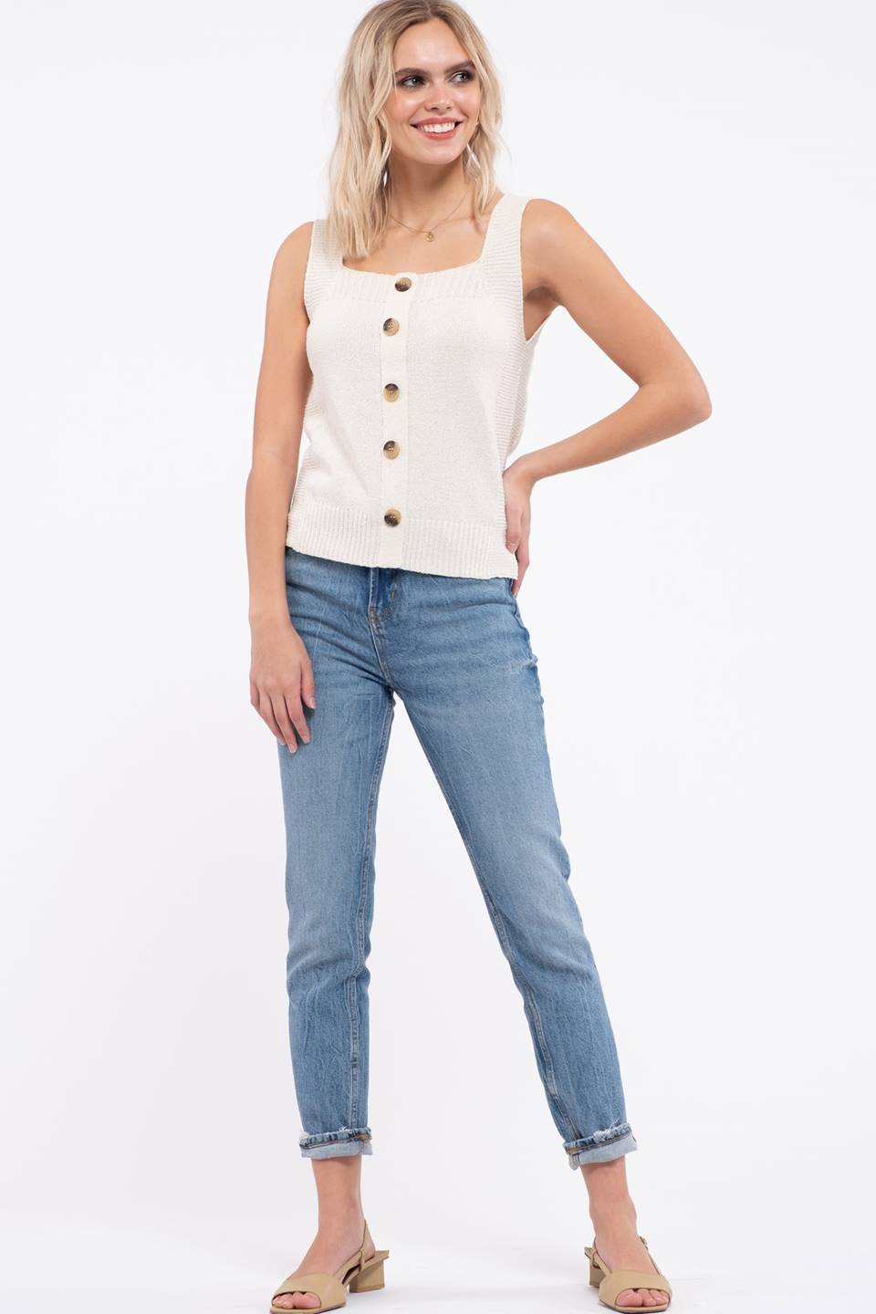 Square Neck Knit Top with Button Detail