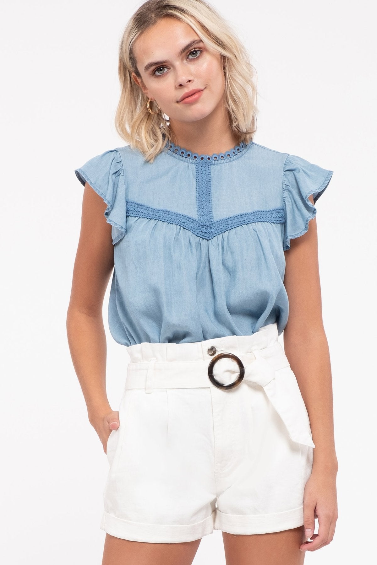 Chambray Flutter Sleeve Top