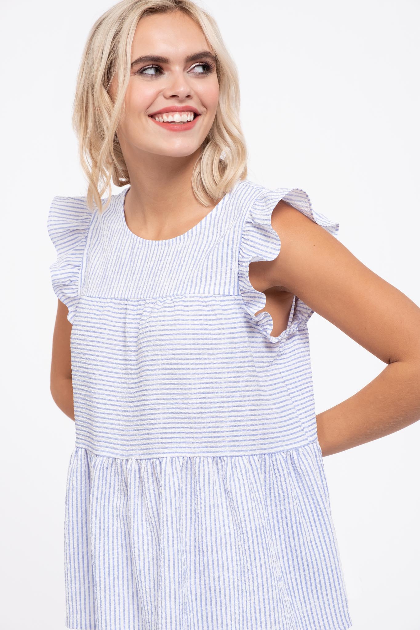 Striped Flutter Sleeve Tiered Top