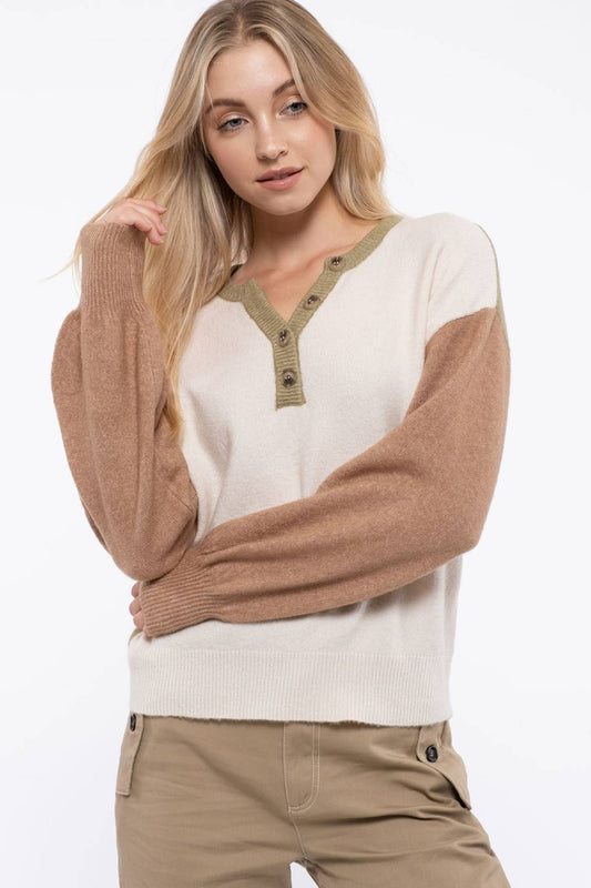 Colorblock Knit Henley Sweater
