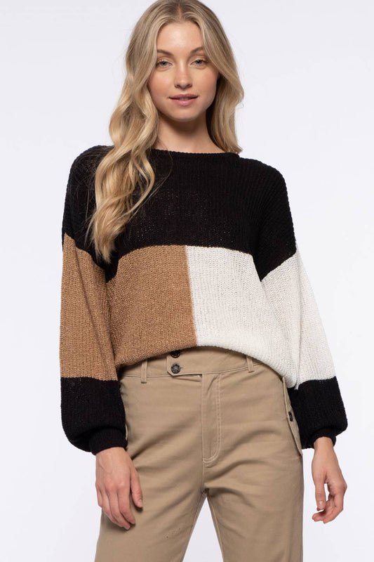 Colorblock Pullover Sweater with Tie Back