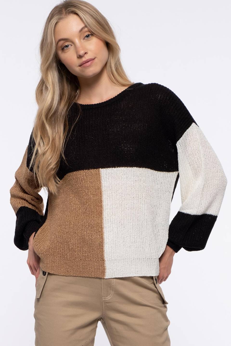 Colorblock Pullover Sweater with Tie Back