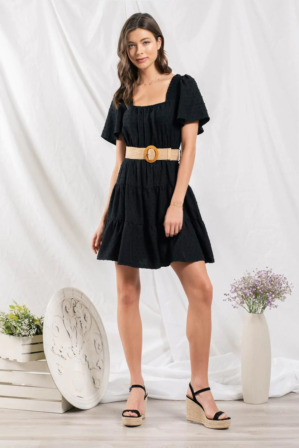 Swiss Dot Mini Dress with Belt