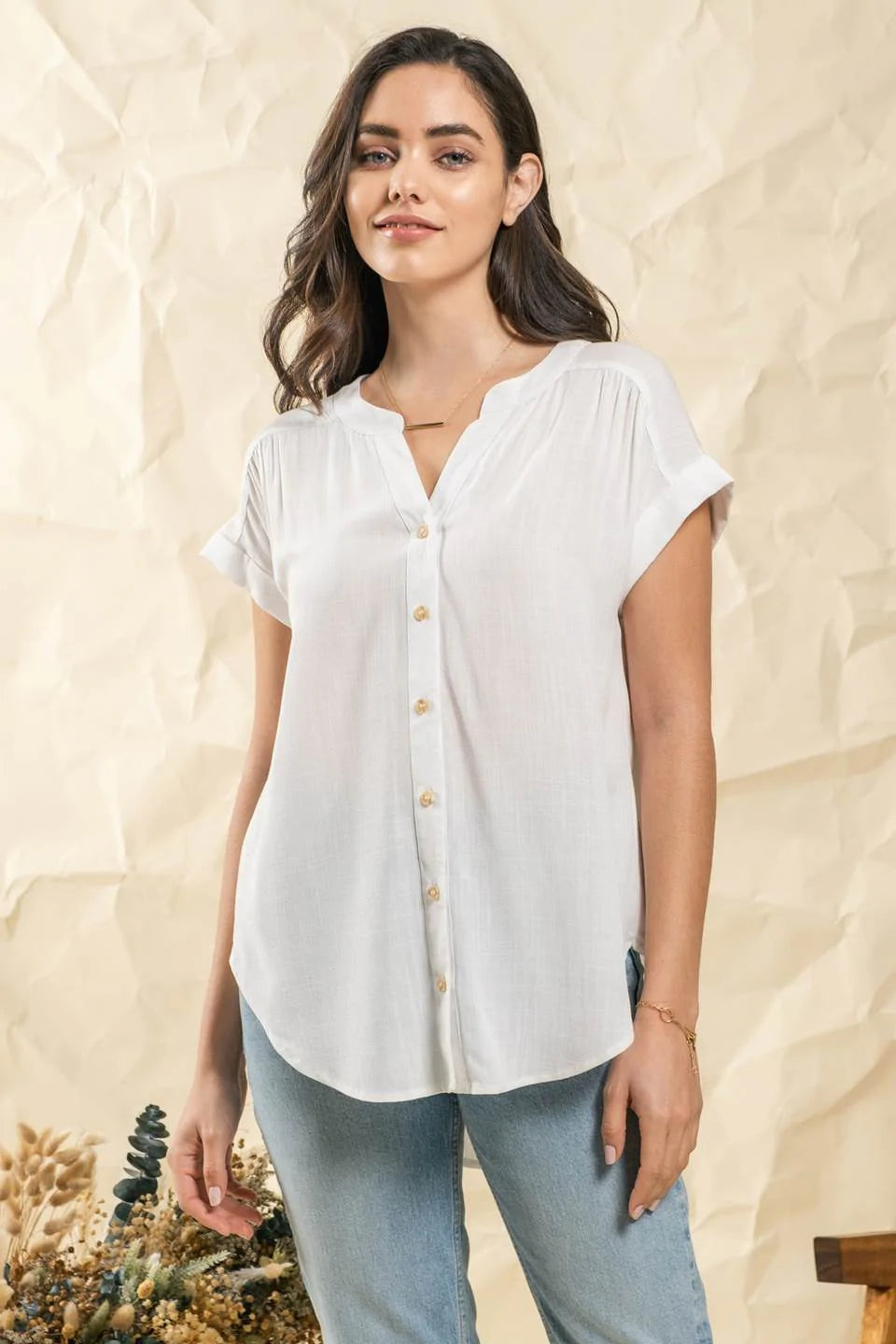 Rolled Sleeve Button Front Shirt