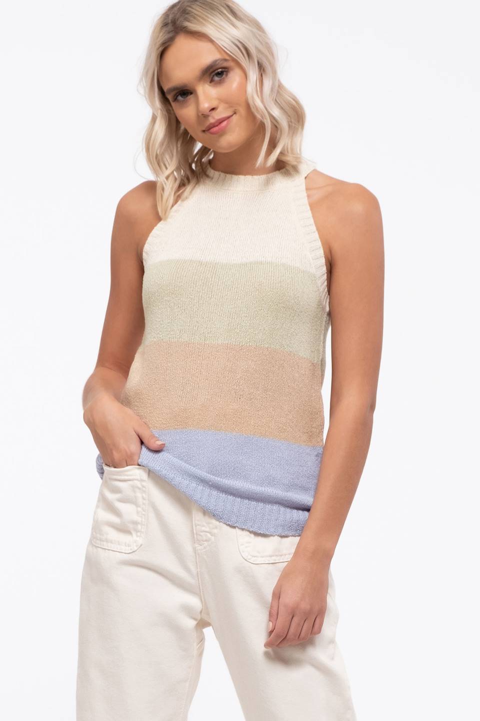 High Neck Colorblock Tank with Tie Back