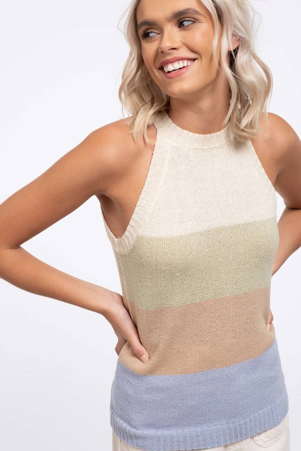 High Neck Colorblock Tank with Tie Back