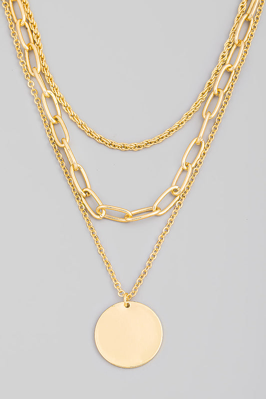 Circle Coin Pendant Layered Chain Necklace