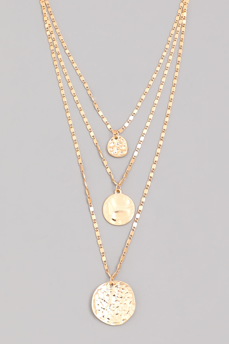 Layered Chain Hammered Coin Pendant Necklace