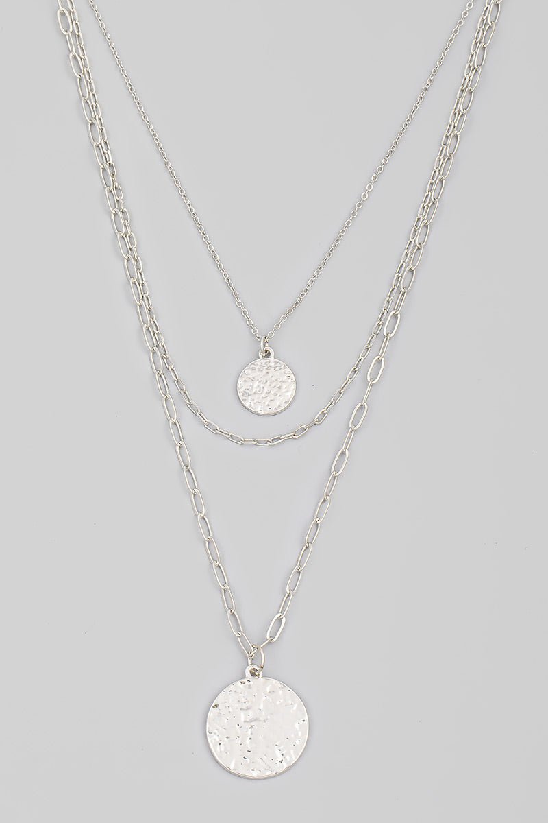 Hammered Disc Pendant Layered Chain Necklace