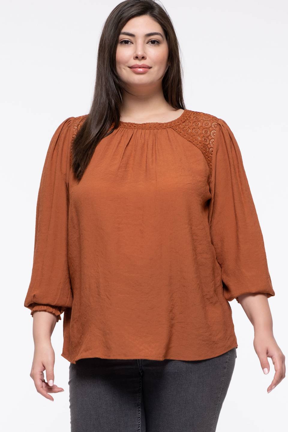Curvy Lace Inset Peasant Top