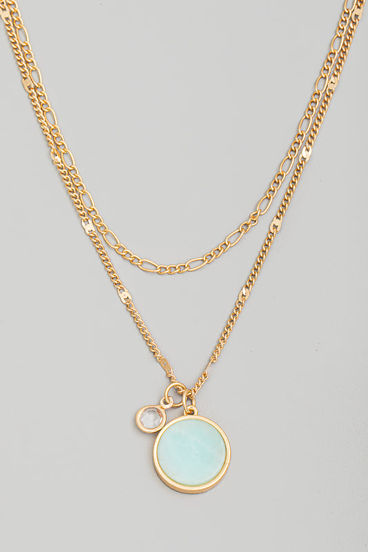 Layered Chain Stone Disc Charm Necklace
