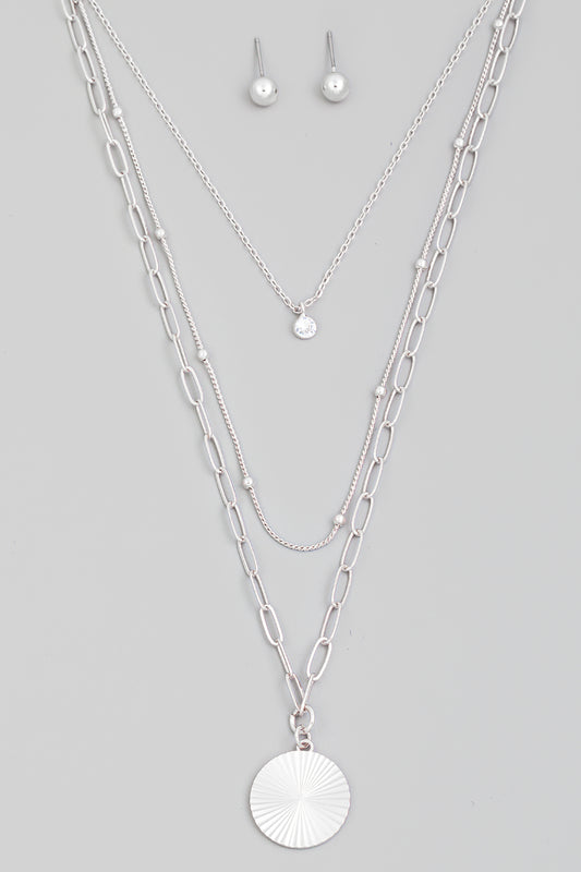 Layered Chain Link Circle Disc Pendant Necklace Set