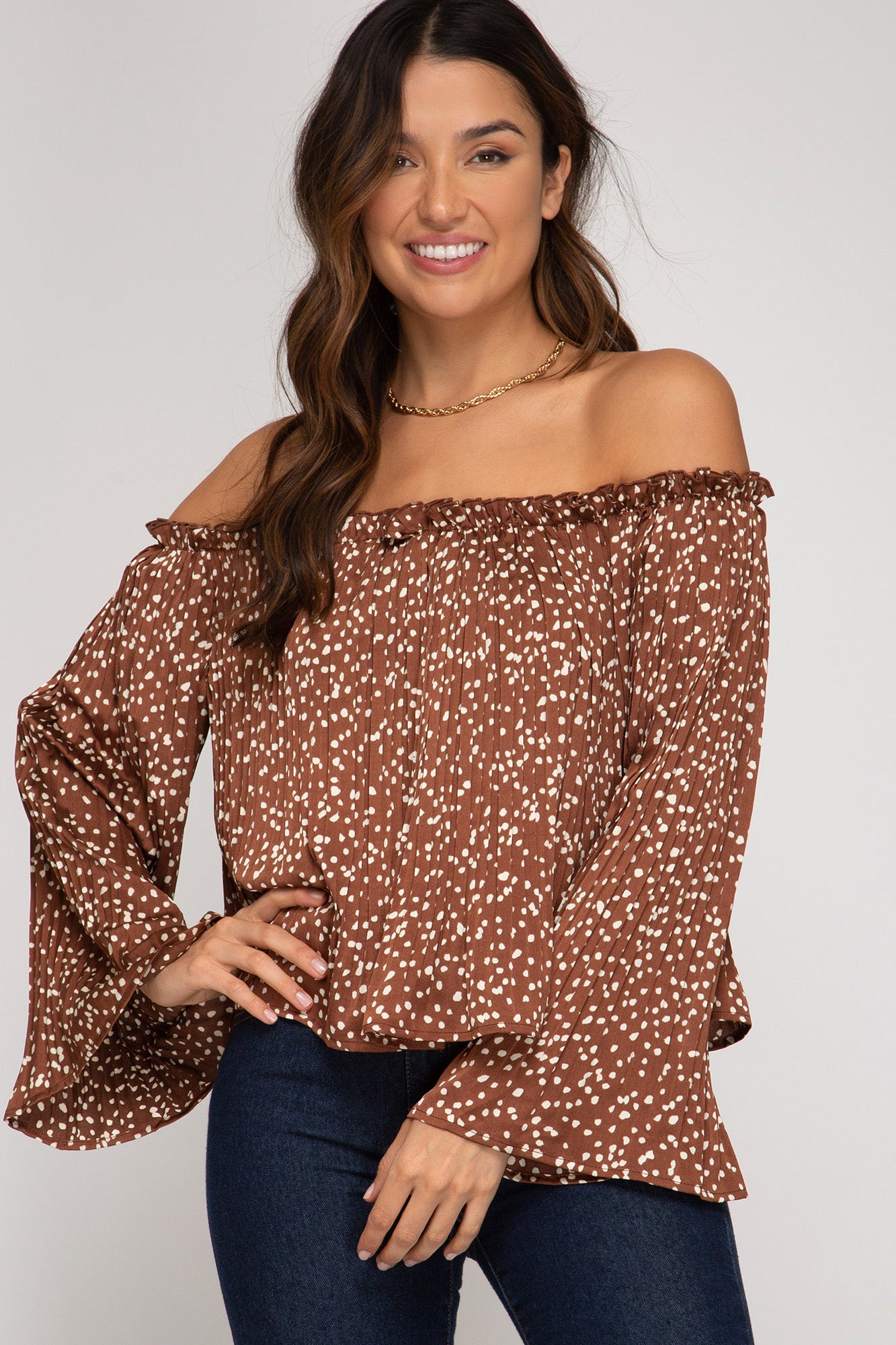 Pleated Satin Off The Shoulder Top