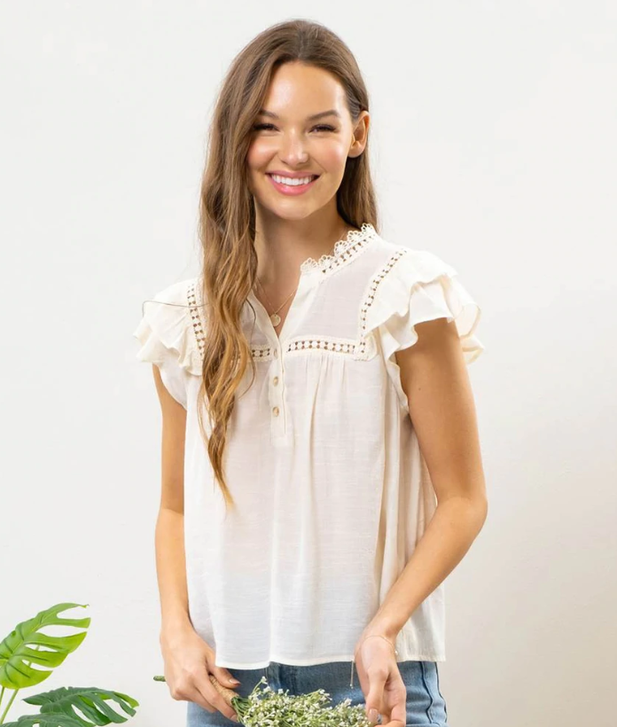 Button Front Ruffled Sleeve Top