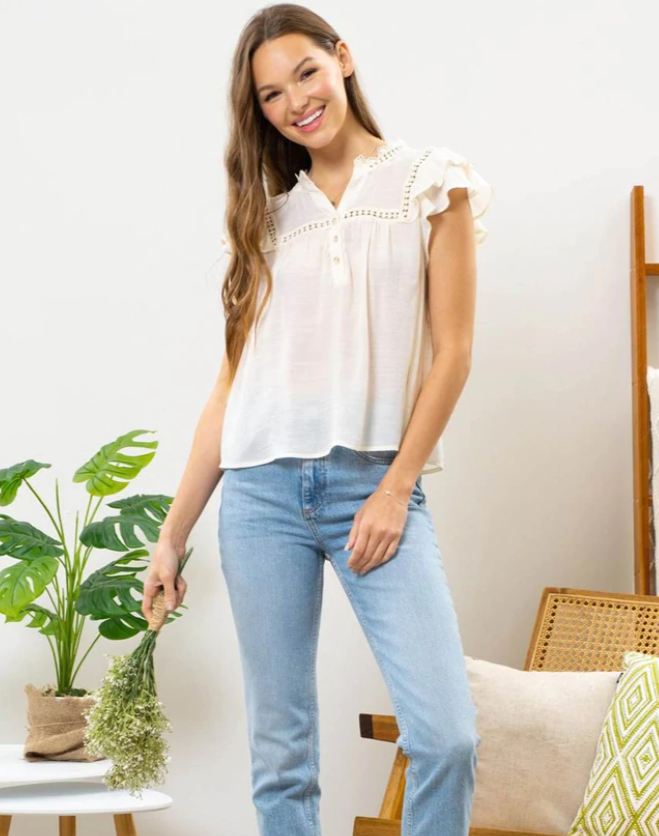 Button Front Ruffled Sleeve Top
