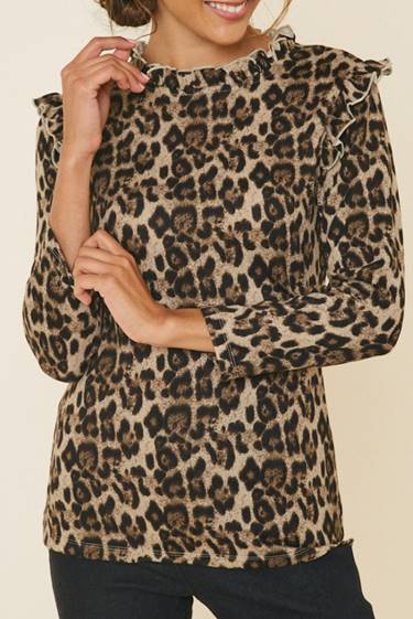 Leopard Ruffle Mock Neck Top